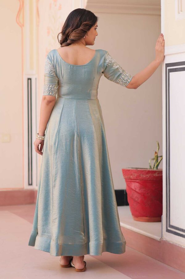 Sky Gown with Sequins and Thread Embroidered Yoke - Round Neck