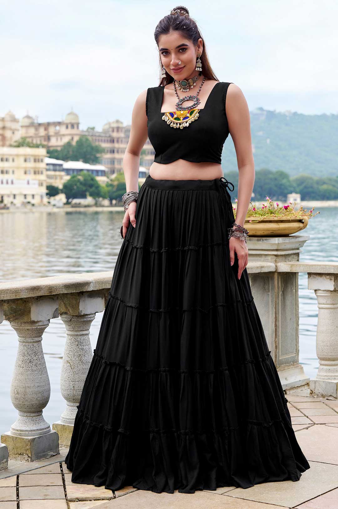 Stylish Black Pure Rayon Lehenga with Mirror Gamthi Work Blouse & Koti