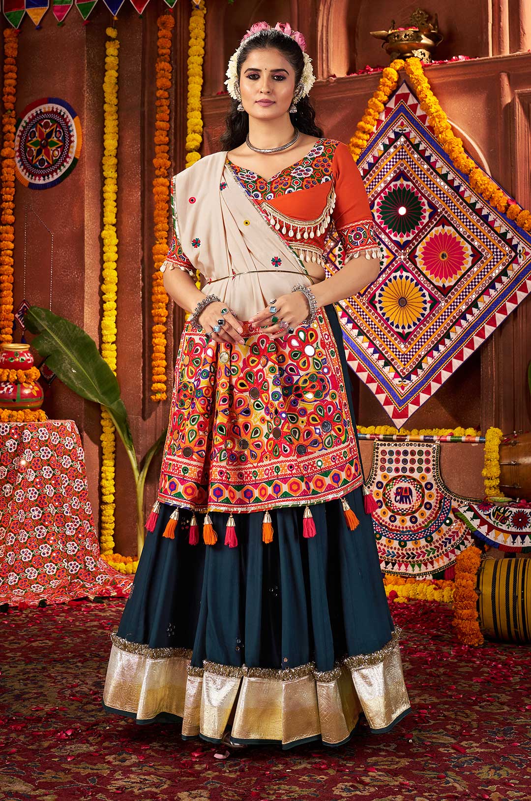 Teal Blue And Orange Beige Viscose Cotton Kutchi Work Lehenga Choli