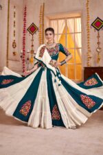 Teal-Blue-&amp;-White-Kutchi-Mirror-Work-Viscose-Cotton-Lehenga-Choli-with-Dupatta