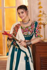 Teal-Blue-&amp;-White-Kutchi-Mirror-Work-Viscose-Cotton-Lehenga-Choli-with-Dupatta-2