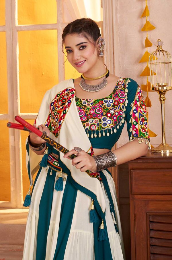 Teal Blue & White Kutchi Mirror Work Viscose Cotton Lehenga Choli with Dupatta