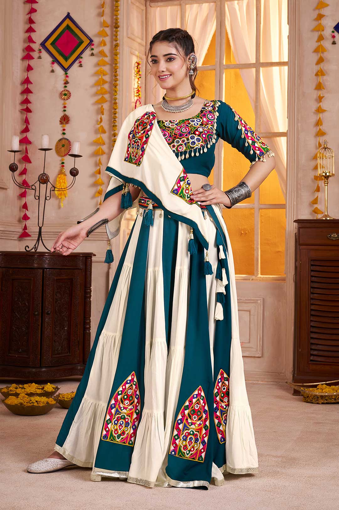 Teal Blue & White Kutchi Mirror Work Viscose Cotton Lehenga Choli with Dupatta