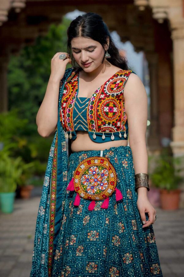 Teal Rayon Gamthi Patch Work Lehenga with Gota Patti Blouse & Dupatta