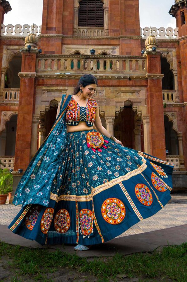 Teal Rayon Gamthi Patch Work Lehenga with Gota Patti Blouse & Dupatta