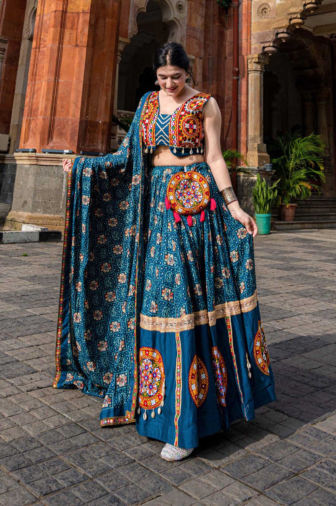 Teal Rayon Gamthi Patch Work Lehenga with Gota Patti Blouse & Dupatta