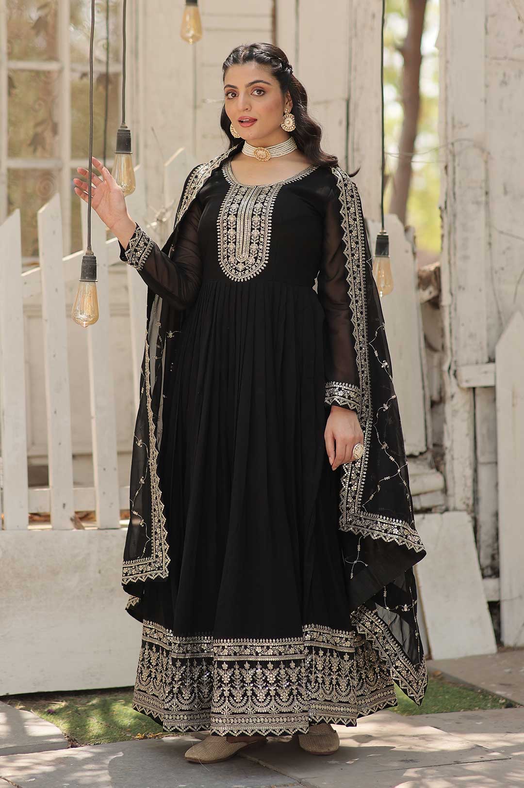 Timeless Black Embroidered Gown with Dupatta | Royal Faux Blooming Flair