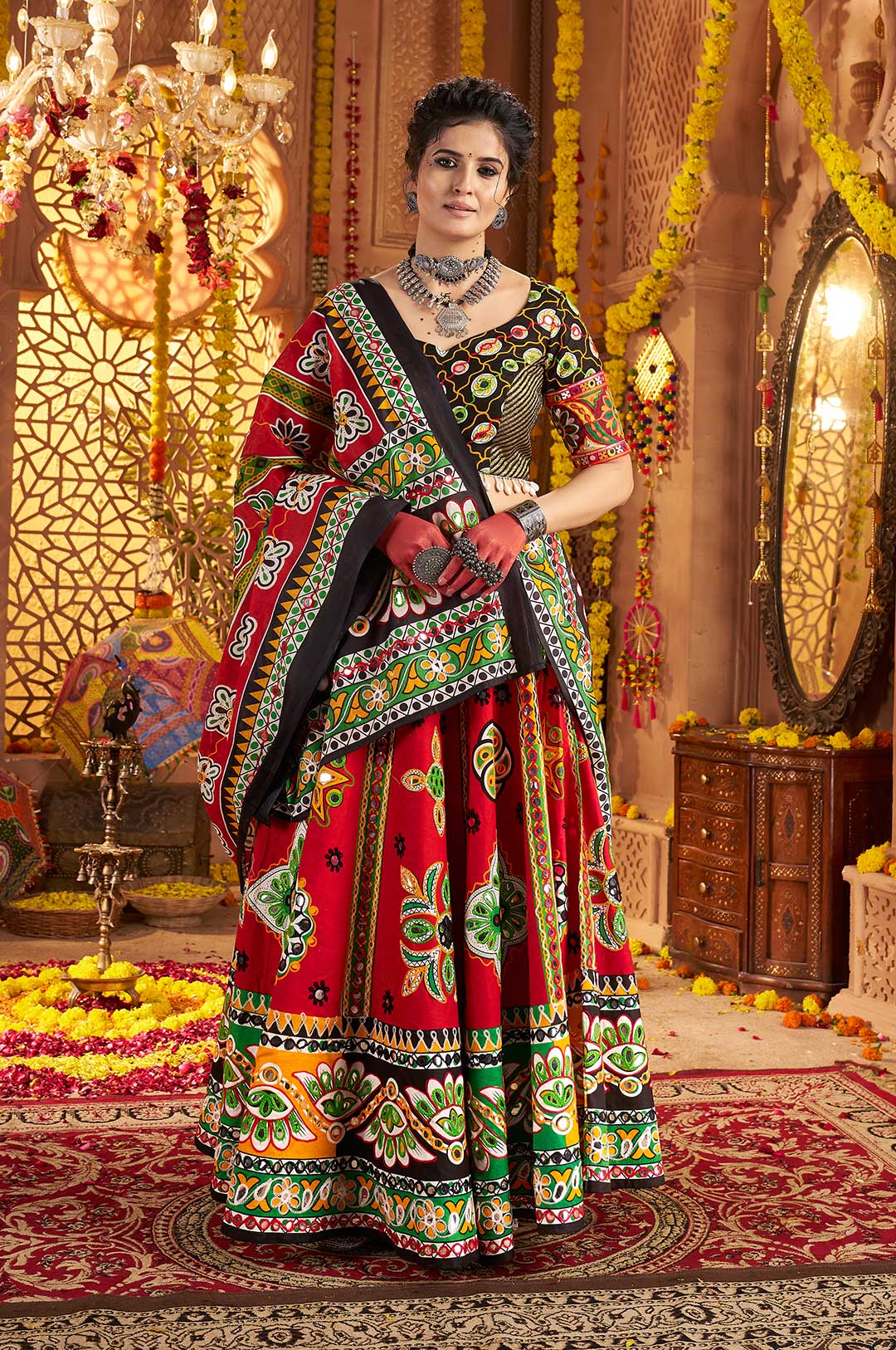 Traditional Maroon & Black Navratri Lehenga Choli with Multicolor Embroidery & Mirror Work