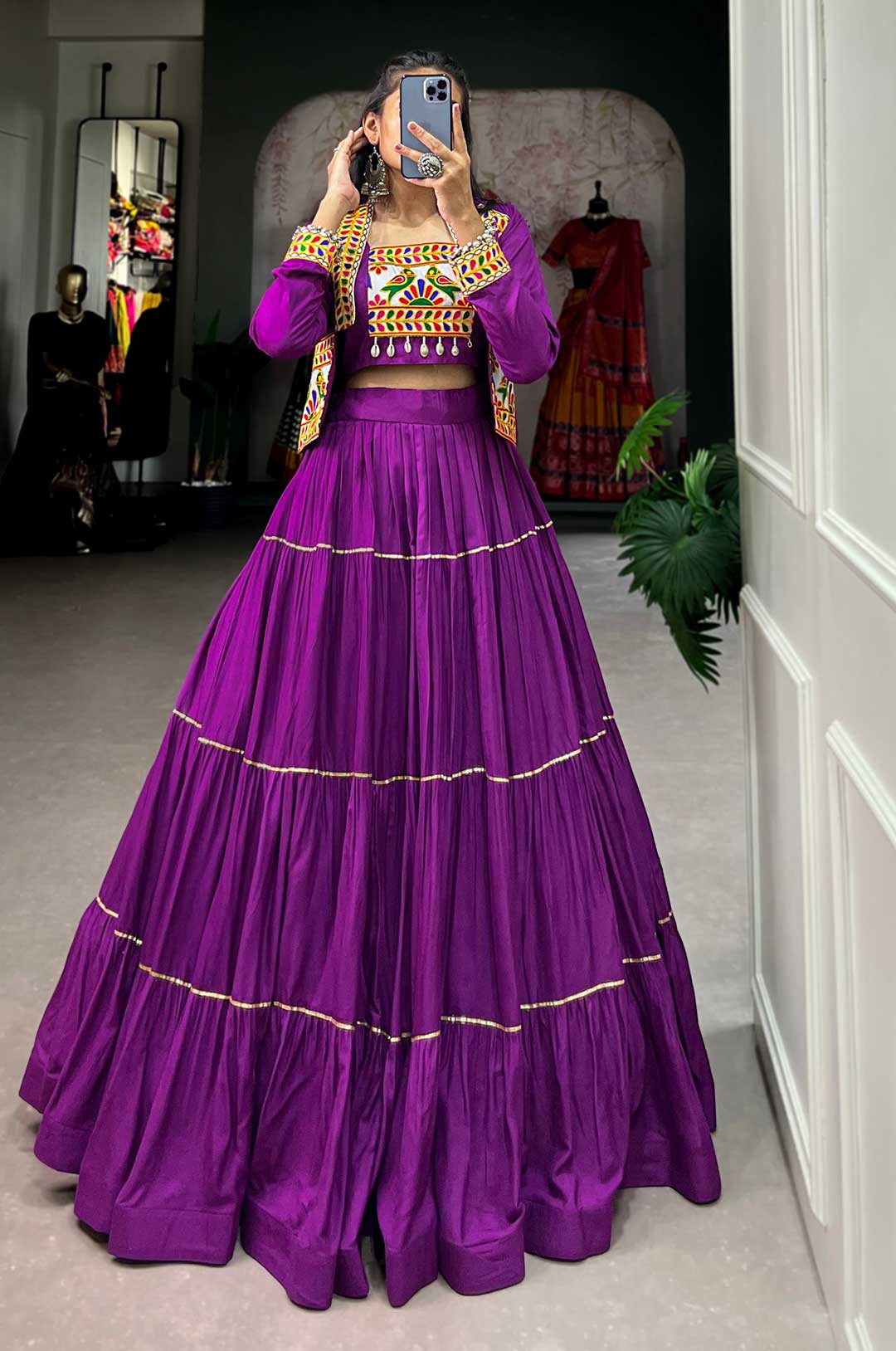 Vibrant Purple Pure Rayon Lehenga with Gamthi Work Blouse & Koti