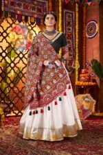 White-&amp;-Green-Silk-Viscose-Cotton-Lehenga-Choli-with-Thread-Embroidery-&amp;-Mirror-Work