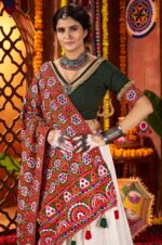 White-&amp;-Green-Silk-Viscose-Cotton-Lehenga-Choli-with-Thread-Embroidery-&amp;-Mirror-Work-2