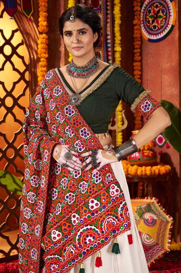 White & Green Silk Viscose Cotton Lehenga Choli with Thread Embroidery & Mirror Work