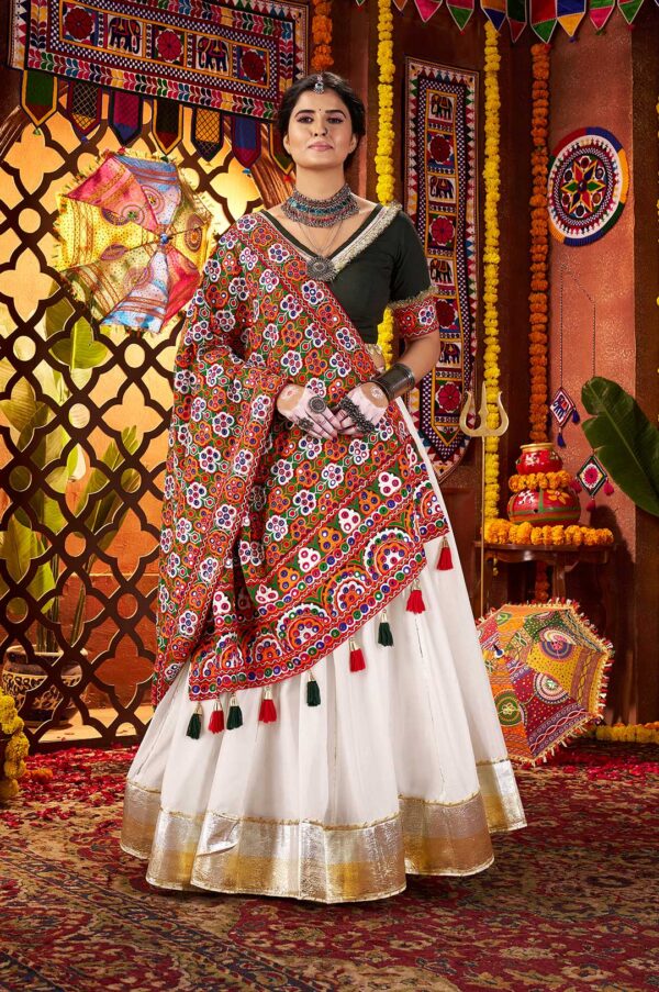 White & Green Silk Viscose Cotton Lehenga Choli with Thread Embroidery & Mirror Work