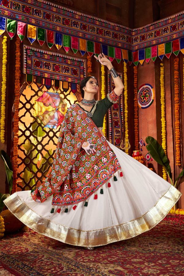 White & Green Silk Viscose Cotton Lehenga Choli with Thread Embroidery & Mirror Work