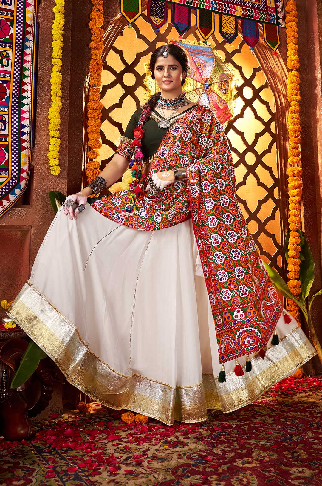 White & Green Silk Viscose Cotton Lehenga Choli with Thread Embroidery & Mirror Work