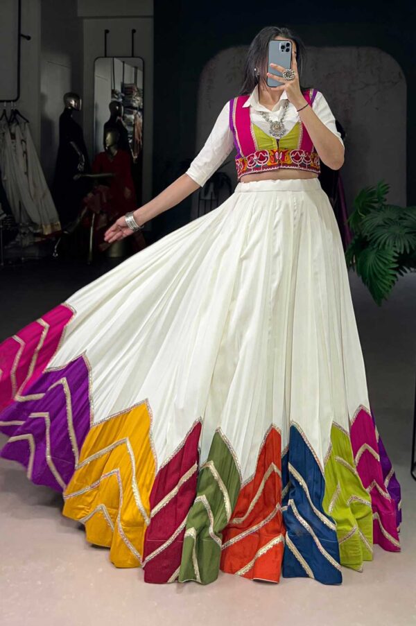 White Multicolor Patchwork Rayon Lehenga with Gamthi Work Koti & Shirt