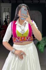 White-Multicolor-Patchwork-Rayon-Lehenga-with-Gamthi-Work-Koti-&amp;-Shirt-3