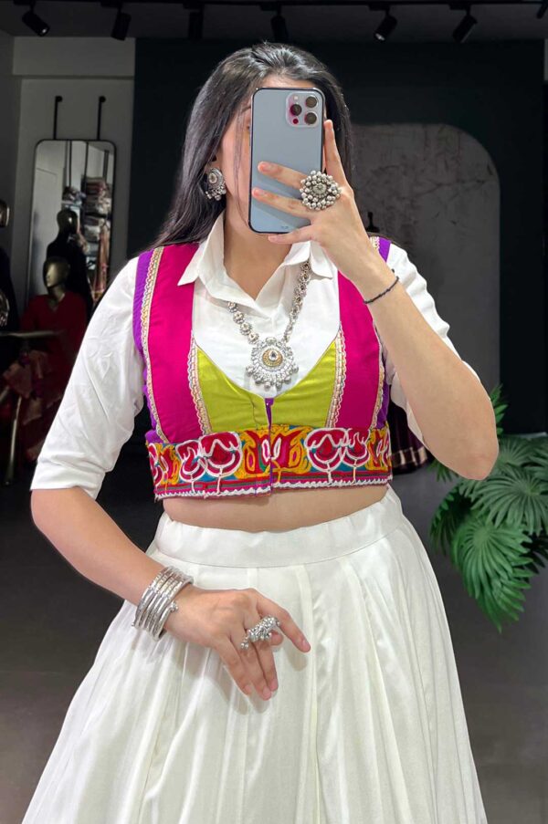 White Multicolor Patchwork Rayon Lehenga with Gamthi Work Koti & Shirt