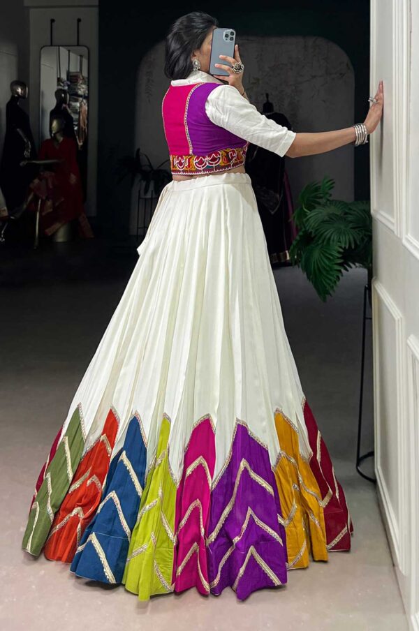 White Multicolor Patchwork Rayon Lehenga with Gamthi Work Koti & Shirt