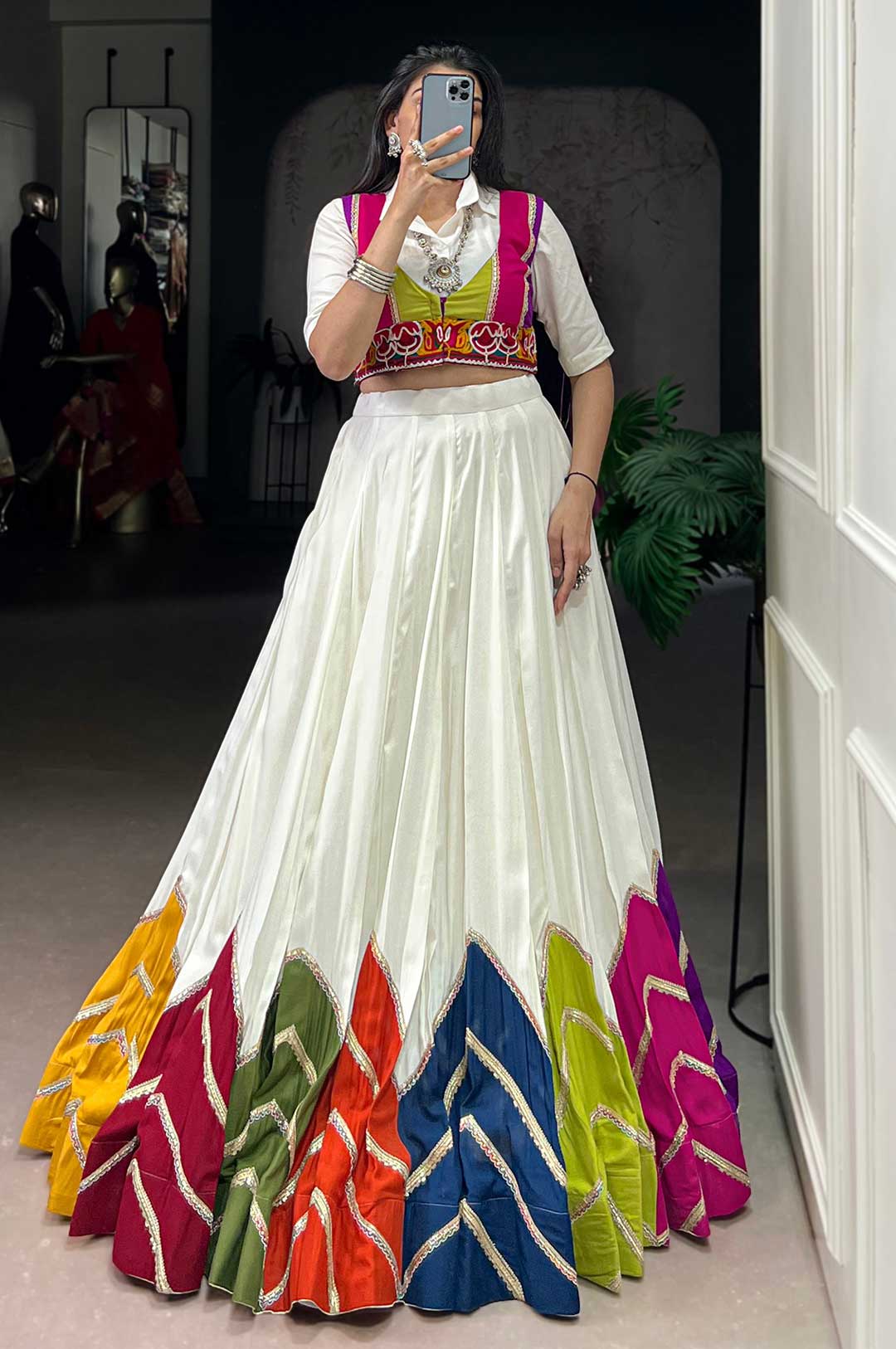 White Multicolor Patchwork Rayon Lehenga with Gamthi Work Koti & Shirt
