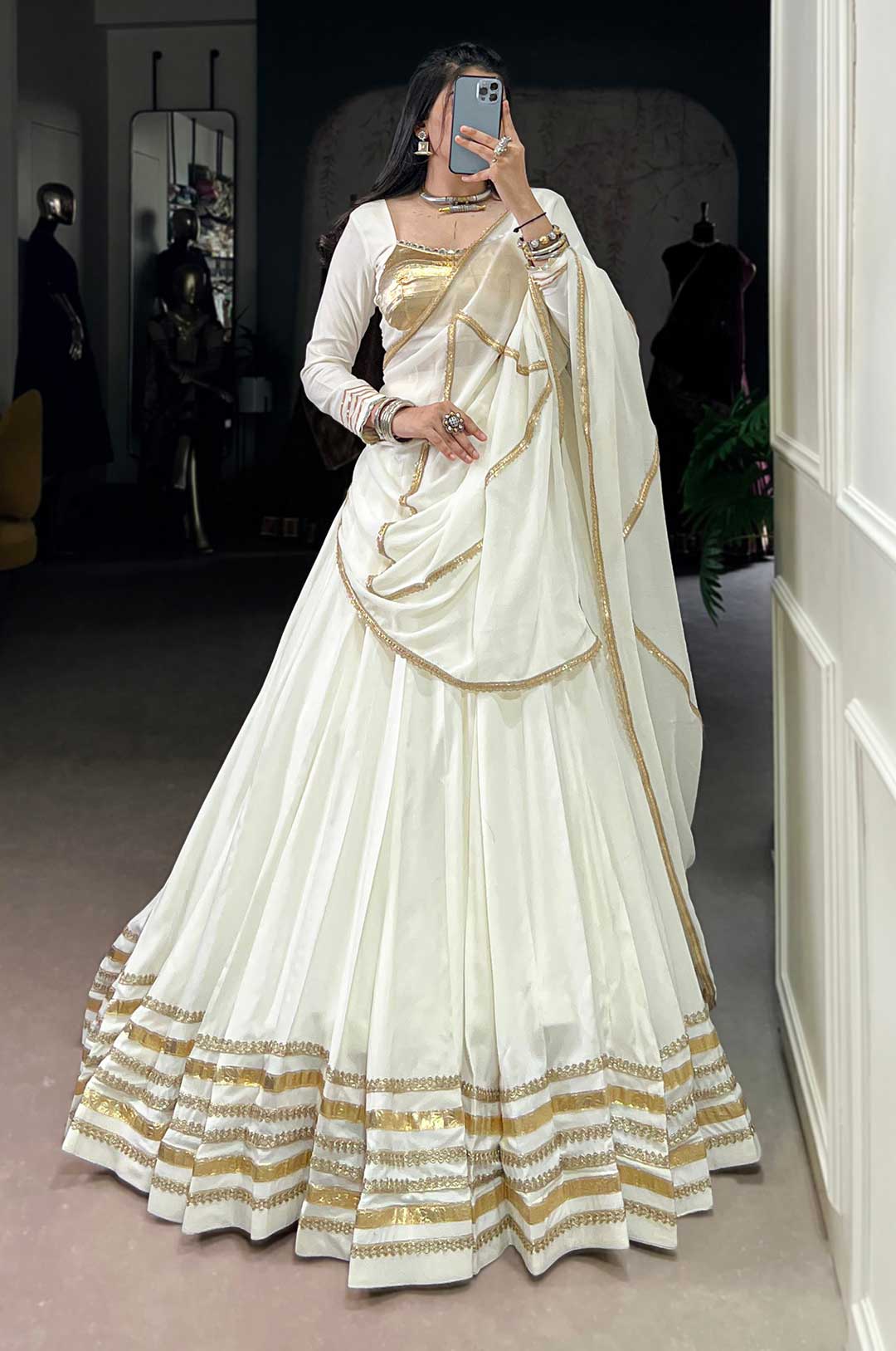 White Pure Rayon Lehenga Set with Original Mirror Work & Marble Dupatta