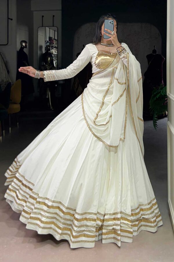 White Pure Rayon Lehenga Set with Original Mirror Work & Marble Dupatta
