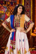 White-&amp;-Purple-Gajji-Silk-Navratri-Lehenga-Choli-with-Mirror-&amp;-Multi-Thread-Work
