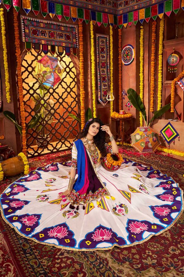 White & Purple Gajji Silk Navratri Lehenga Choli with Mirror & Multi-Thread Work