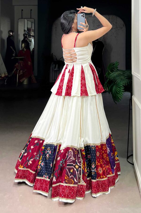 White Rayon Lehenga with Multi Patch Work & Bandhej Printed Blouse