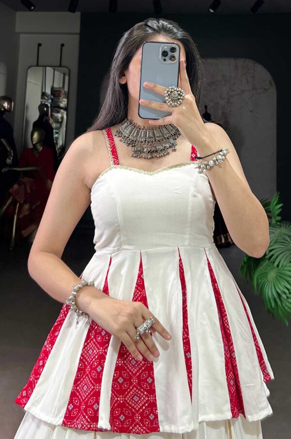 White Rayon Lehenga with Multi Patch Work & Bandhej Printed Blouse
