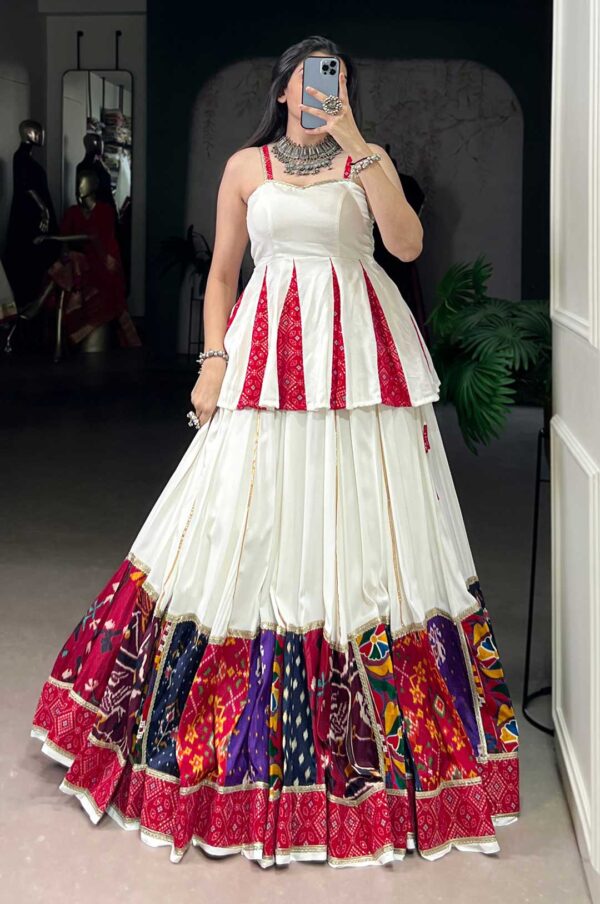 White Rayon Lehenga with Multi Patch Work & Bandhej Printed Blouse
