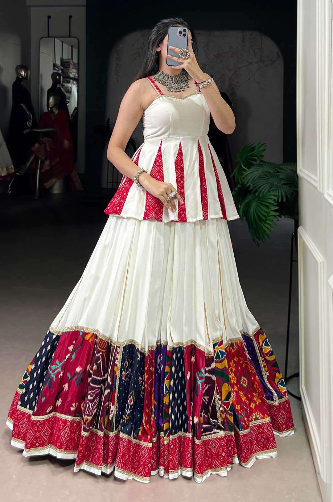White Rayon Lehenga with Multi Patch Work & Bandhej Printed Blouse
