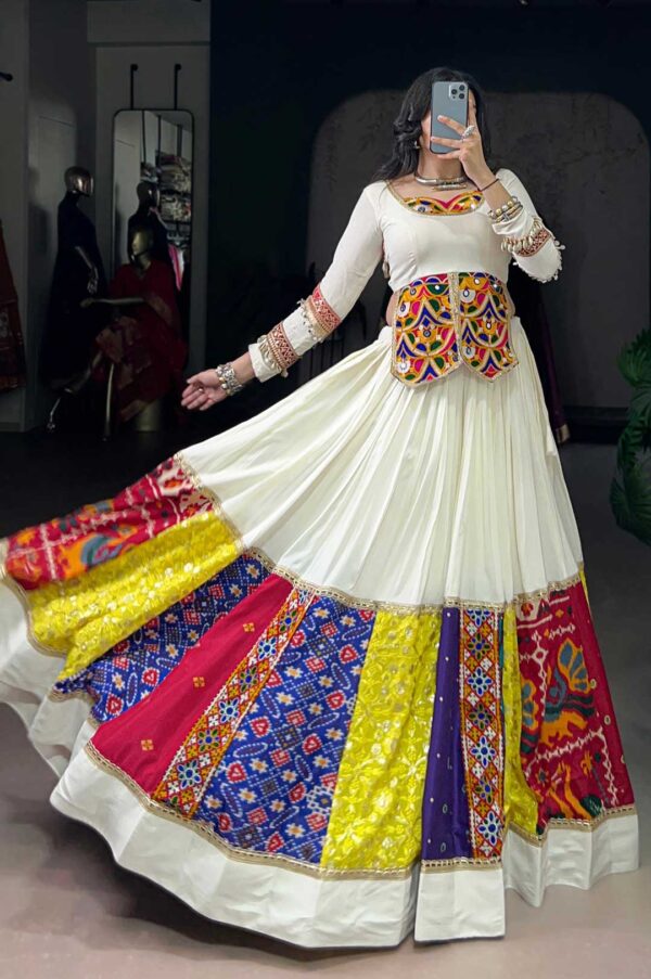 White Rayon Lehenga with Multicolor Patch Work & Mirror Blouse
