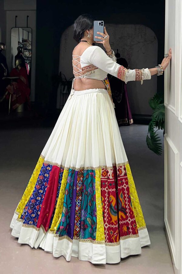 White Rayon Lehenga with Multicolor Patch Work & Mirror Blouse