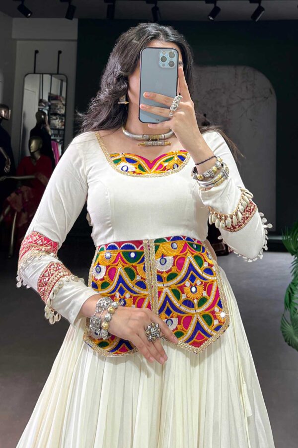 White Rayon Lehenga with Multicolor Patch Work & Mirror Blouse
