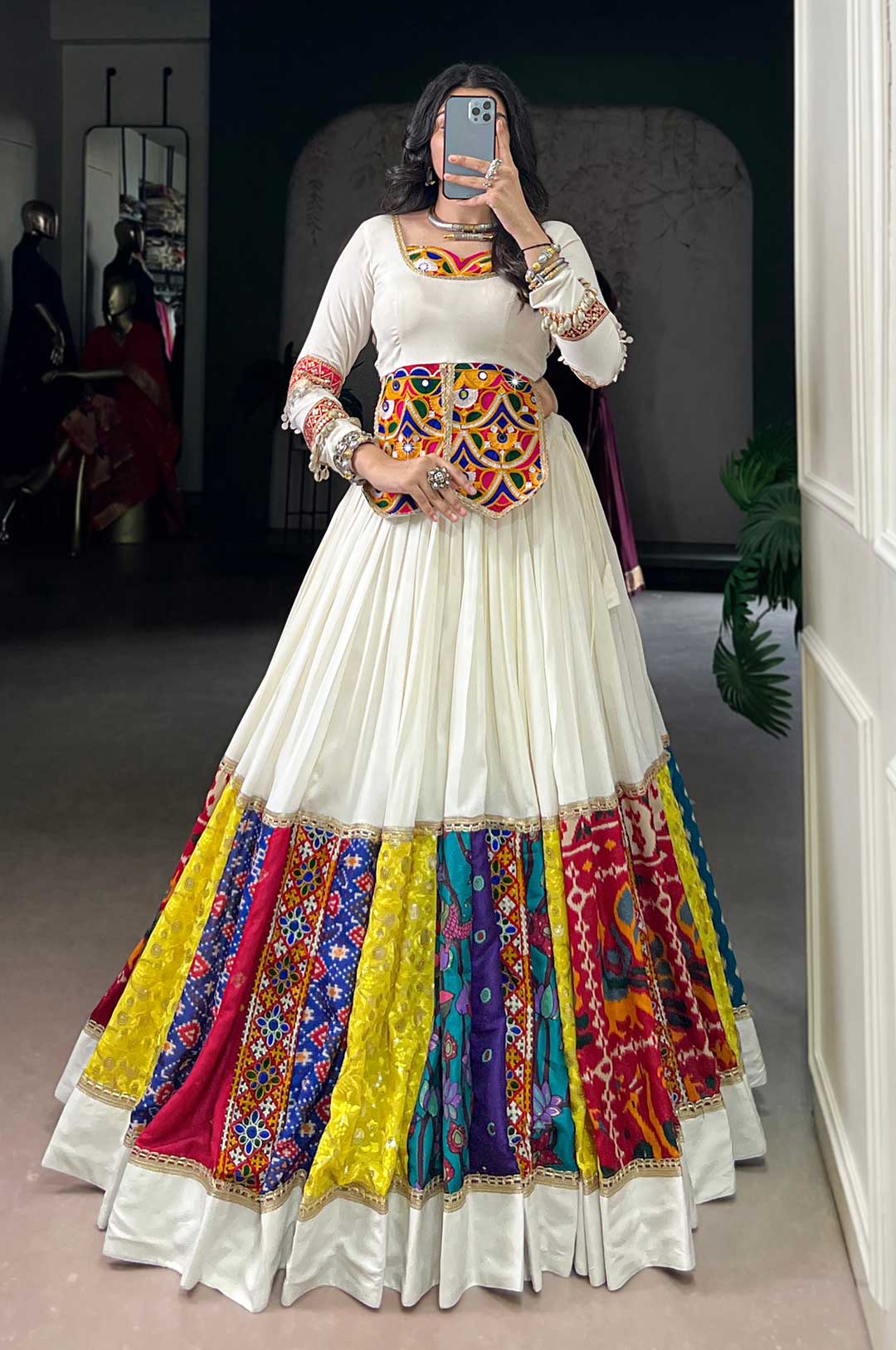 White Rayon Lehenga with Multicolor Patch Work & Mirror Blouse