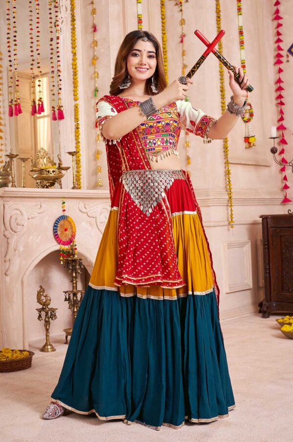 White & Red Viscose Cotton Lehenga Choli with Mirror Work & Georgette Dupatta