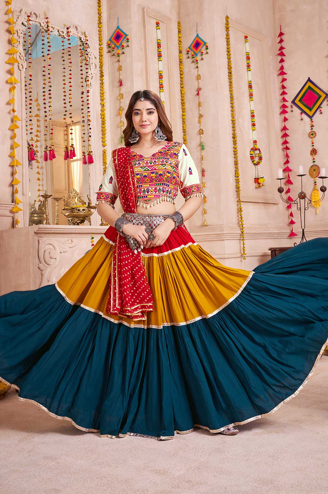 White & Red Viscose Cotton Lehenga Choli with Mirror Work & Georgette Dupatta