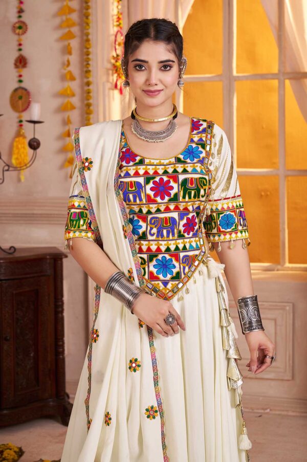 White Viscose Cotton Lehenga Choli with Kutchi Mirror & Thread Embroidery