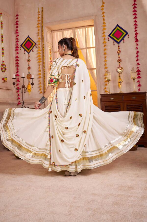 White Viscose Cotton Lehenga Choli with Kutchi Mirror & Thread Embroidery