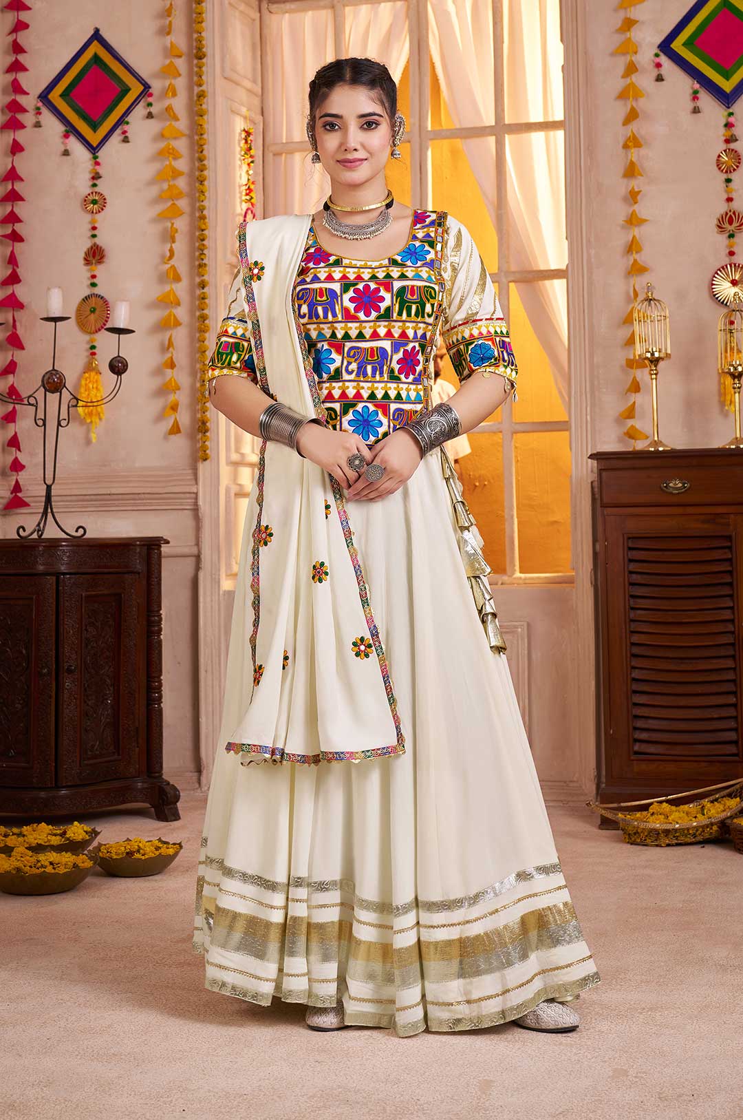 White Viscose Cotton Lehenga Choli with Kutchi Mirror & Thread Embroidery