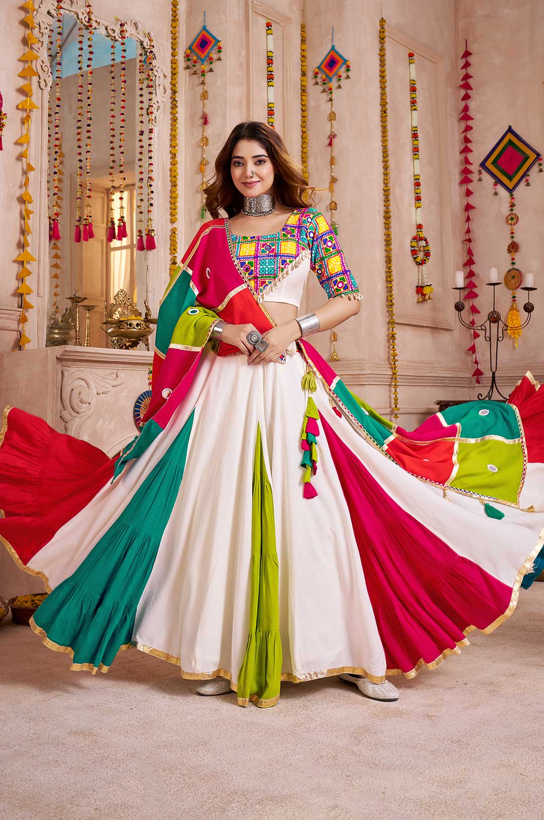 White Viscose Cotton Lehenga Choli with Multi-Color Embroidered Blouse & Handmade Patchwork Dupatta