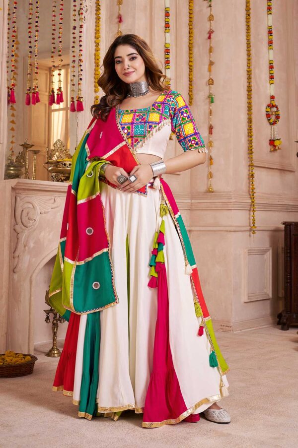 White Viscose Cotton Lehenga Choli with Multi-Color Embroidered Blouse & Handmade Patchwork Dupatta