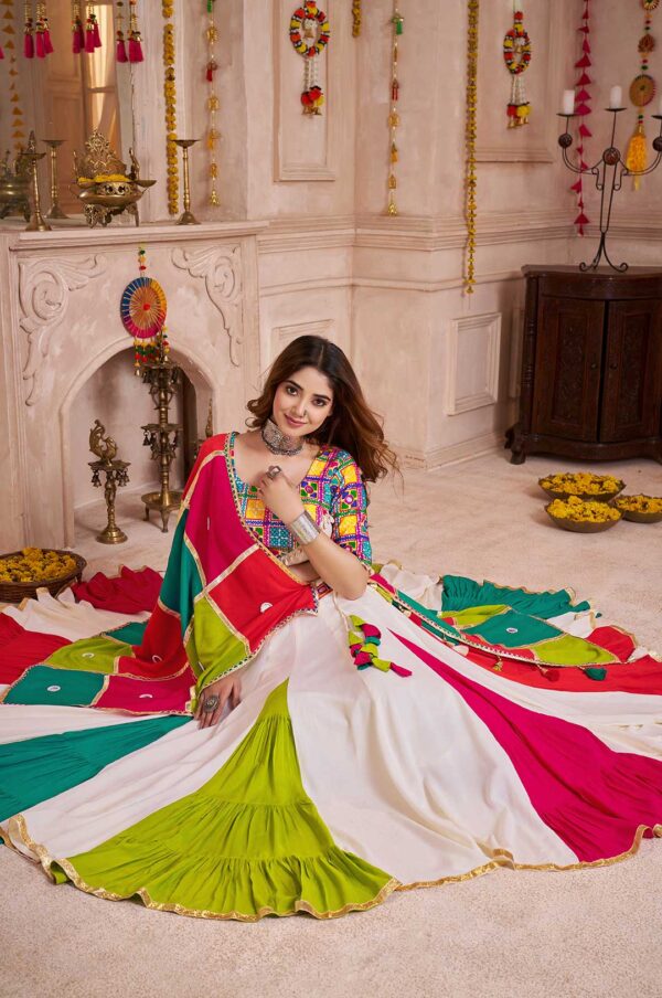 White Viscose Cotton Lehenga Choli with Multi-Color Embroidered Blouse & Handmade Patchwork Dupatta