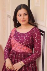 Wine-Staple-Jacquard-Woven-Gown-with-Position-Print-Choli