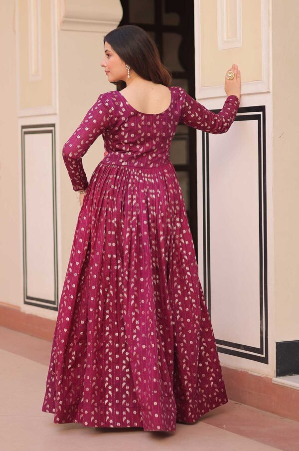 Wine Staple Jacquard Woven Gown with Position Print Choli