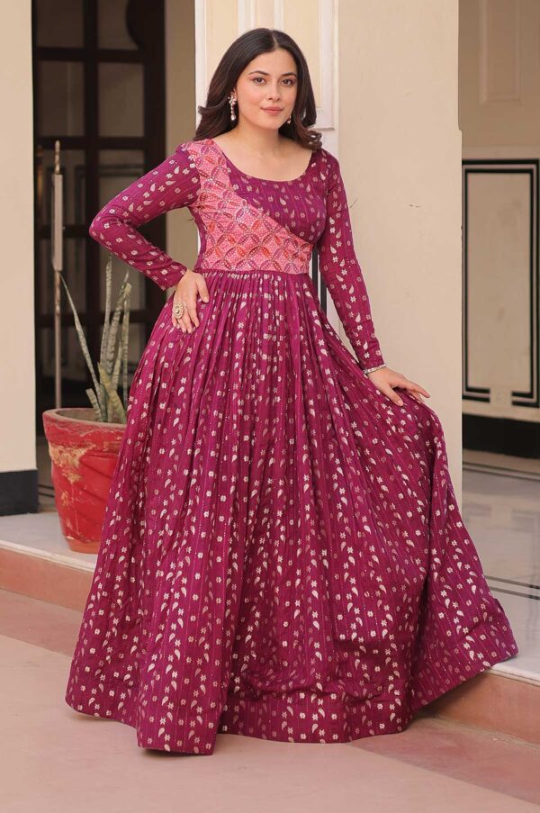 Wine Staple Jacquard Woven Gown with Position Print Choli