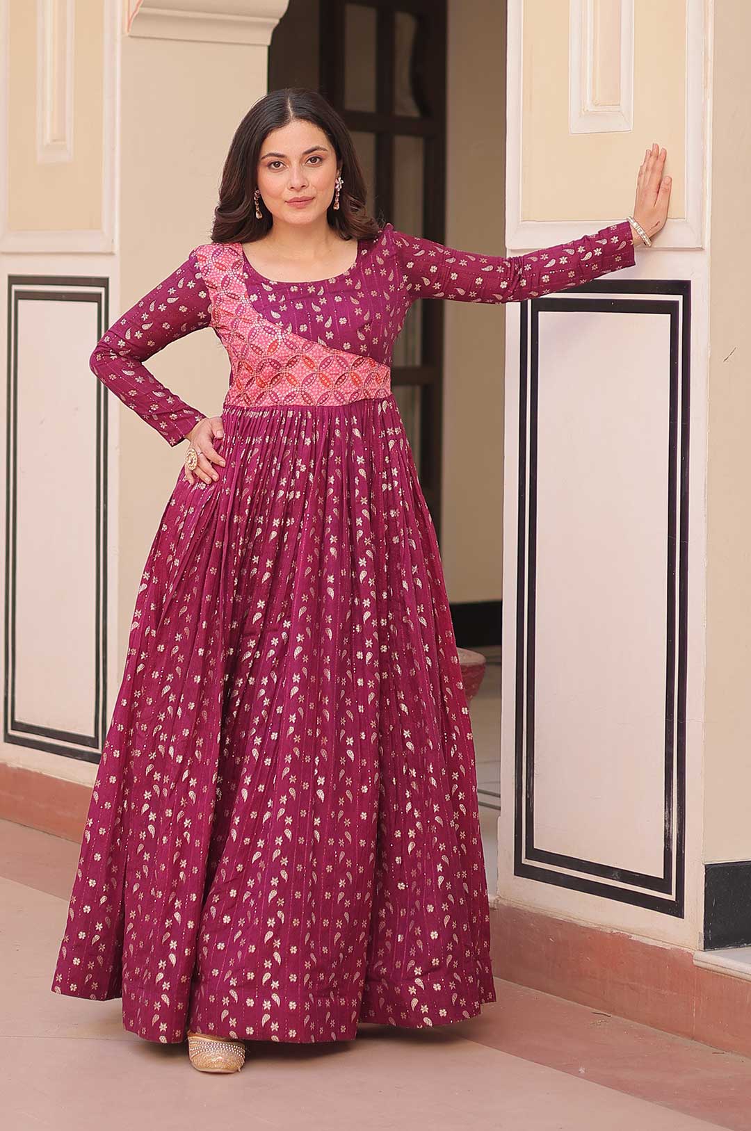 Wine Staple Jacquard Woven Gown with Position Print Choli