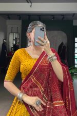 Yellow-&amp;-Maroon-Tasar-Silk-Bandhej-Print-Lehenga-Set