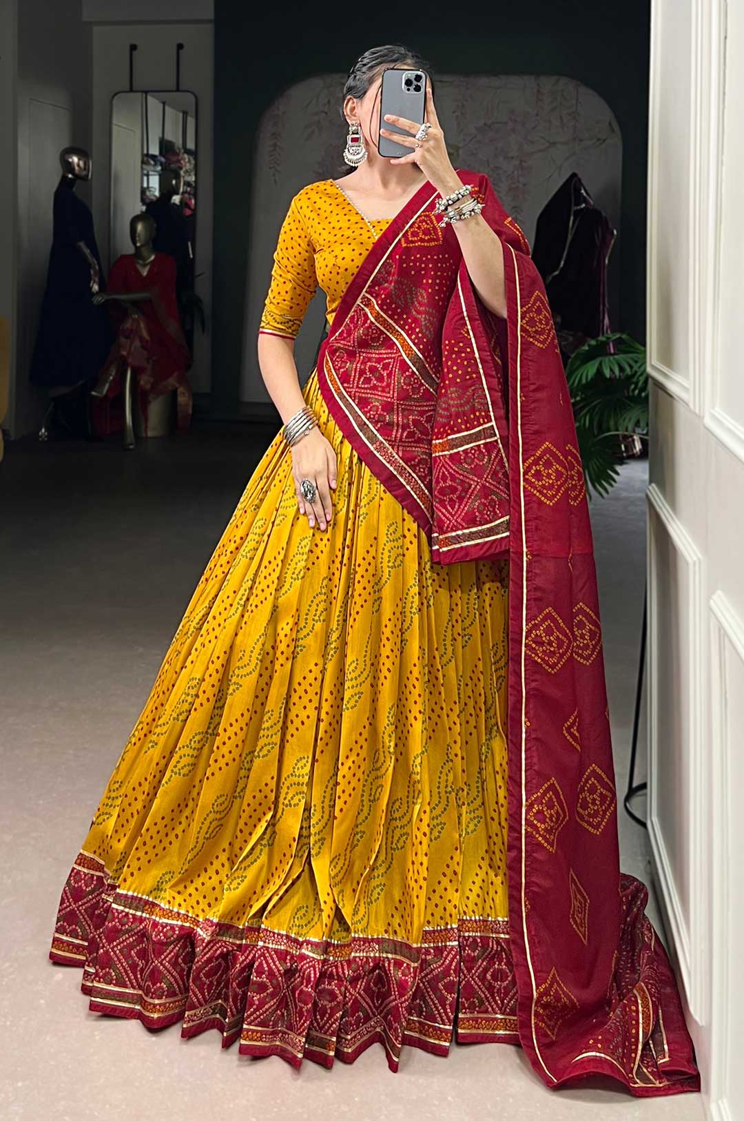 Yellow & Maroon Tasar Silk Bandhej Print Lehenga Set | Gotta Patti Lace Touch-Up